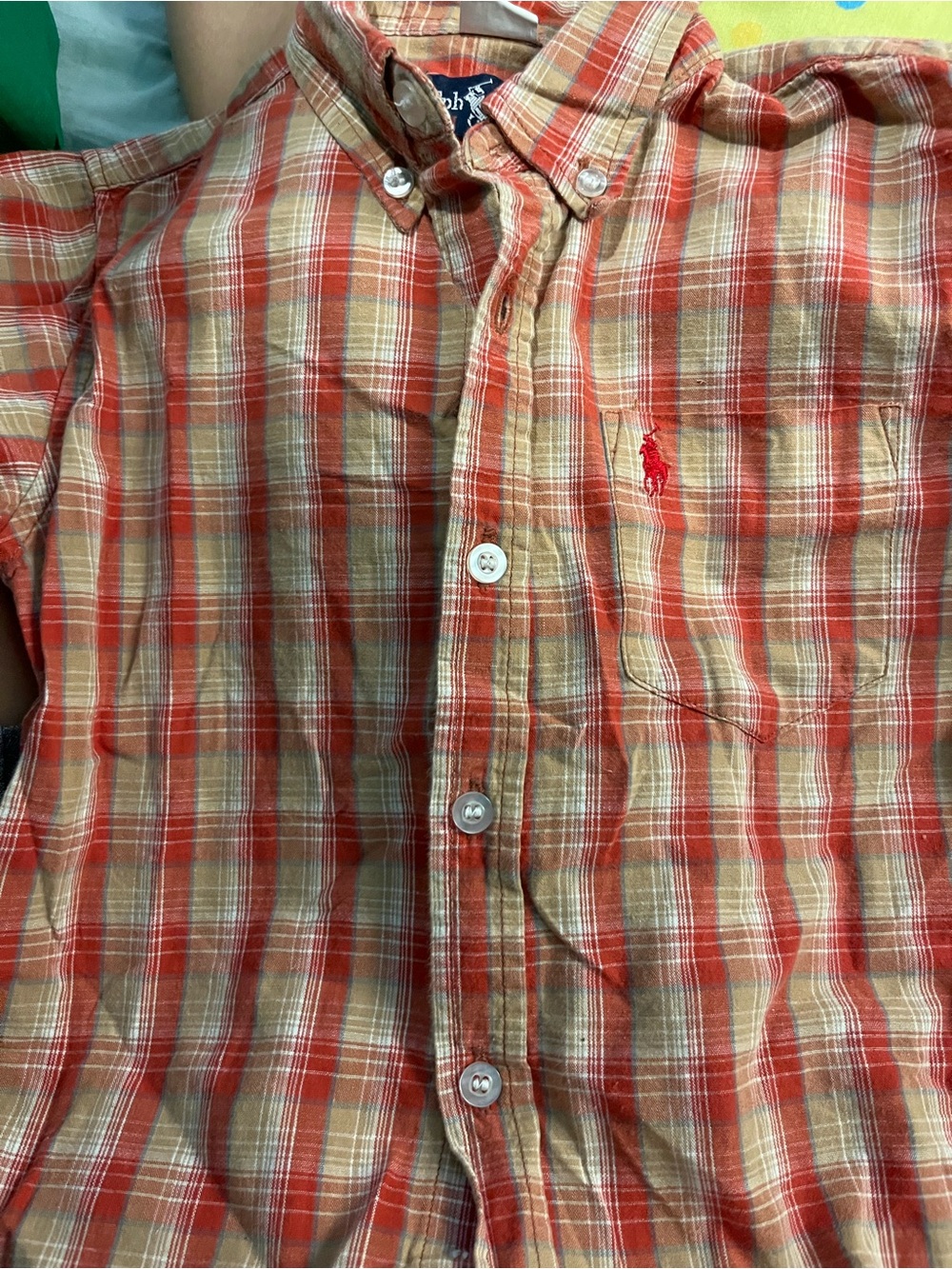 Ralph Lauren Orange and Tan Cotton Plaid Button-Down Shirt